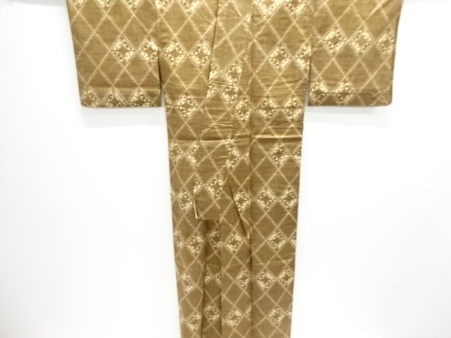  斜め格子に花模様織り出し手織り紬単衣着物